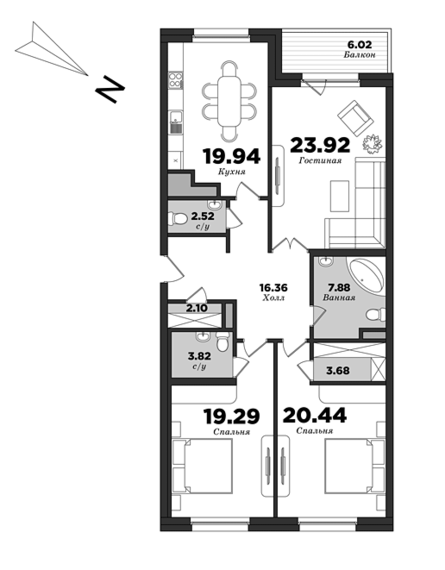 Крестовский De Luxe, Корпус 10, 3 спальни, 123.02 м² | планировка элитных квартир Санкт-Петербурга | М16